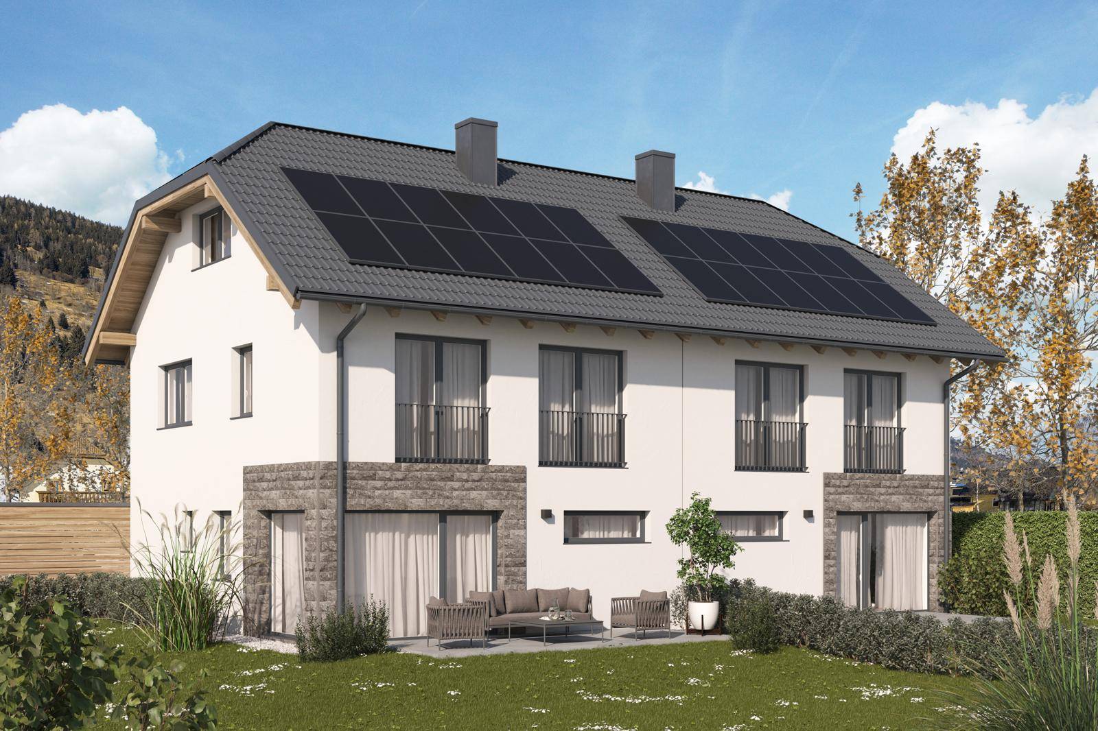 Modernes Doppelhaus mit weißer Fassade, Satteldach, Photovoltaikanlage und Terrasse mit Bergblick.
