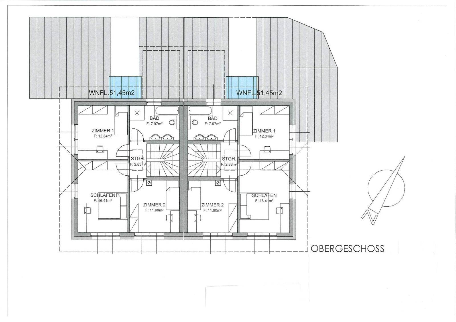 Grundriss des Obergeschosses mit Schlafzimmern, Bad und Dachschrägen.