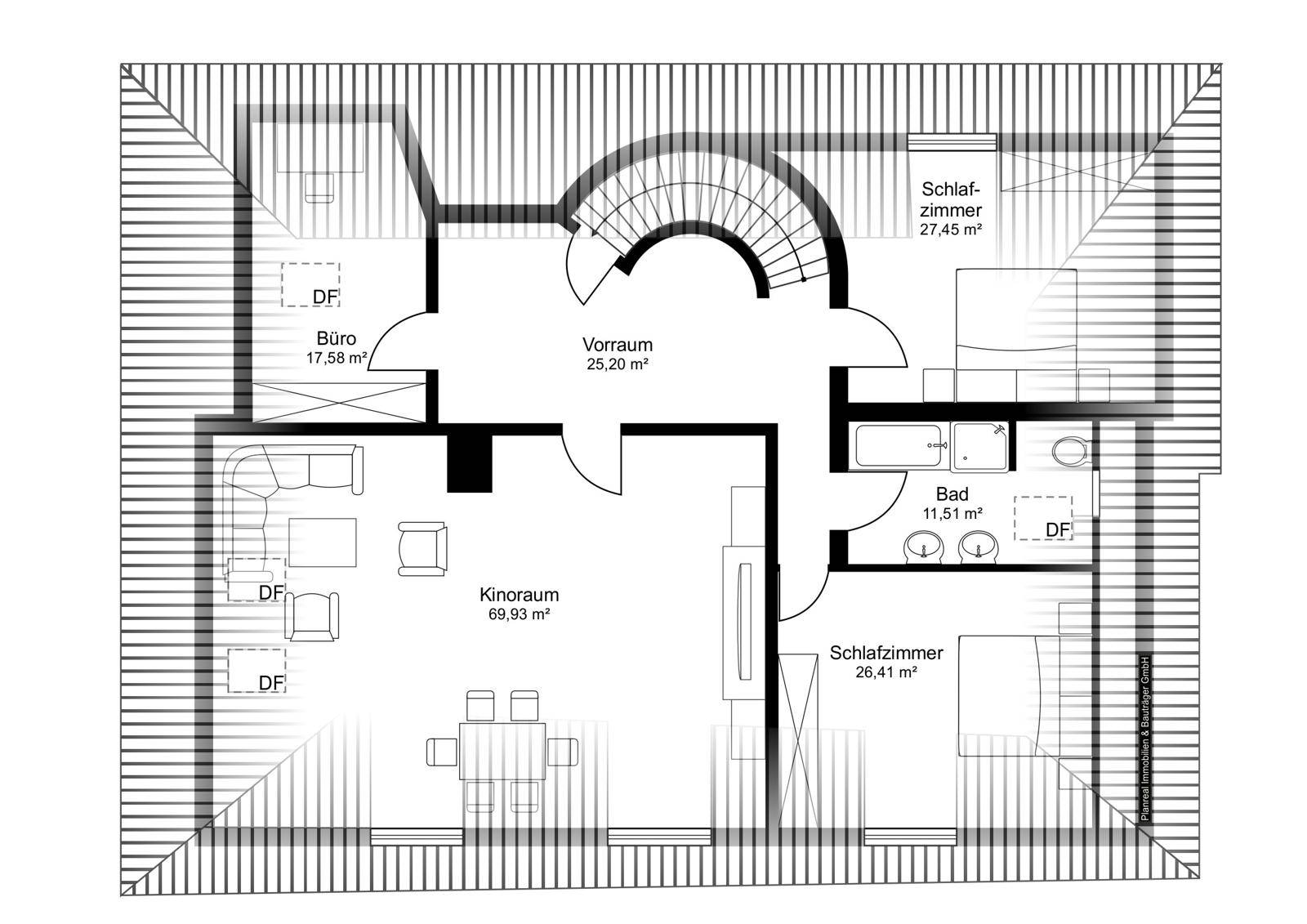 Grundriss des Dachgeschosses mit Kinoraum, Schlafzimmern, Büro und Badezimmer.