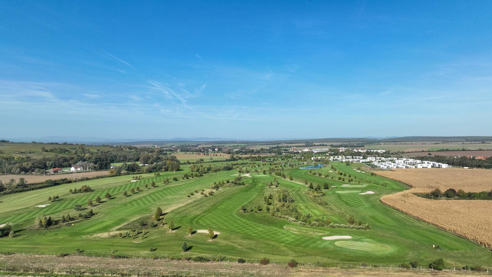 Luftaufnahme eines weitläufigen Golfplatzes mit angrenzenden Feldern und Wohngebieten.