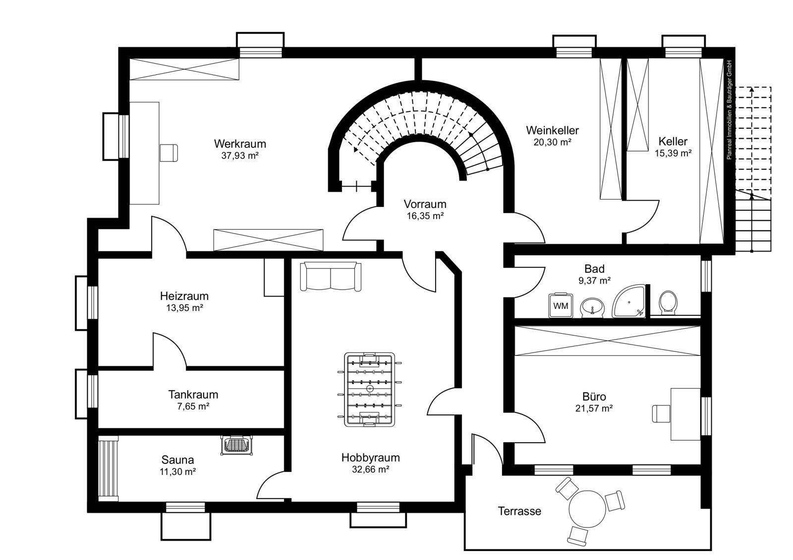 Grundriss des Untergeschosses mit Hobbyraum, Sauna, Weinkeller und Büroflächen.