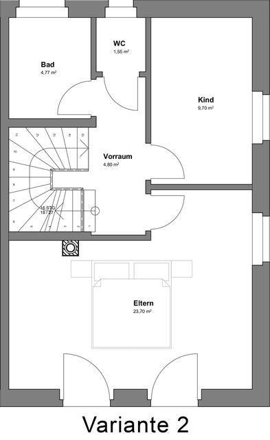 Grundriss Variante 2 präsentiert ein Obergeschoss mit drei Schlafzimmern, einem Badezimmer und separatem Gäste-WC.