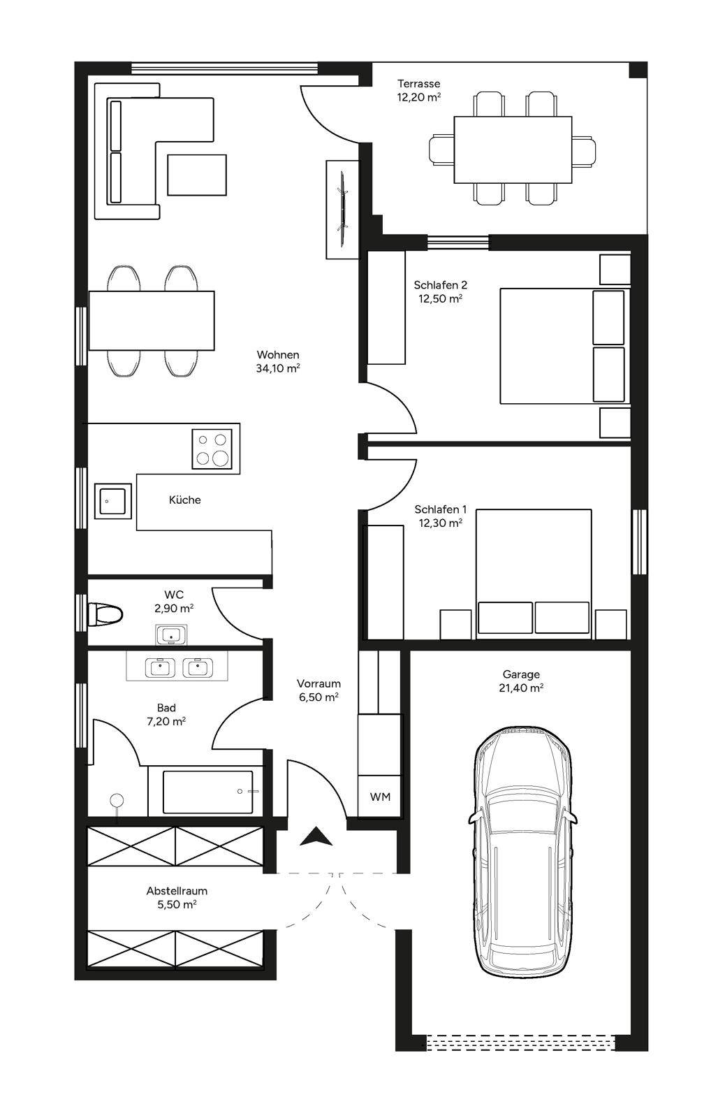 Detaillierter Grundriss einer Wohnung mit Wohnbereich, Küche, zwei Schlafzimmern und Garage.