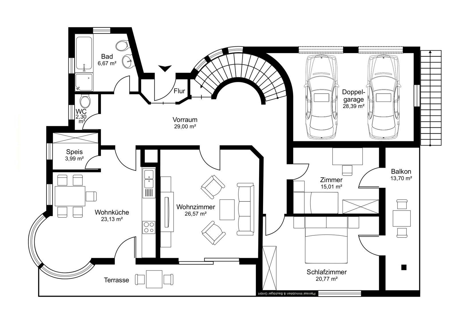 Grundriss des Erdgeschosses mit Wohnküche, Wohnzimmer, Schlafzimmern und Doppelgarage.
