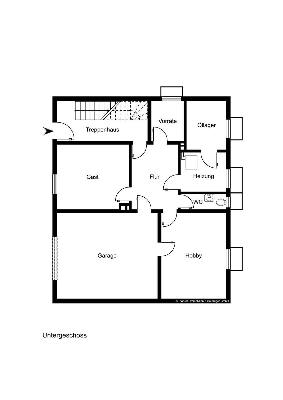 Grundriss des Untergeschosses mit Garage, Hobbyraum, Gästezimmer und Heizungsraum.