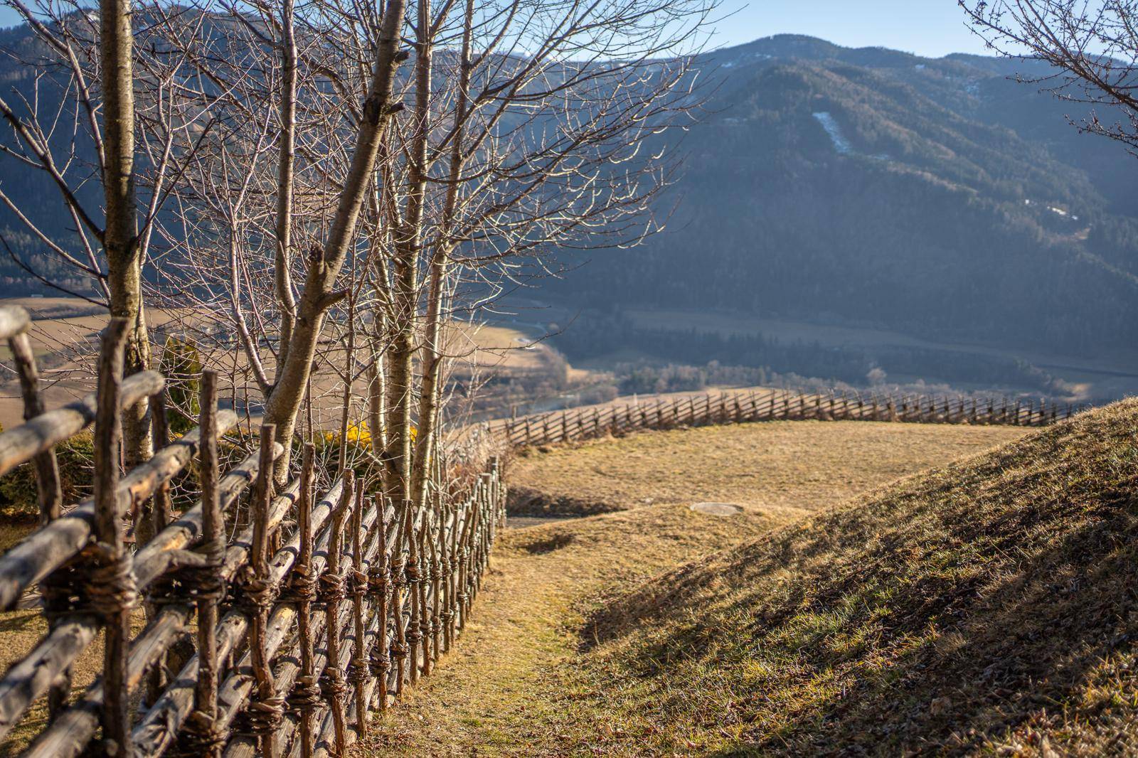 Rustikaler Holzzaun umgibt einen Gartenbereich mit Blick auf die hügelige Landschaft.