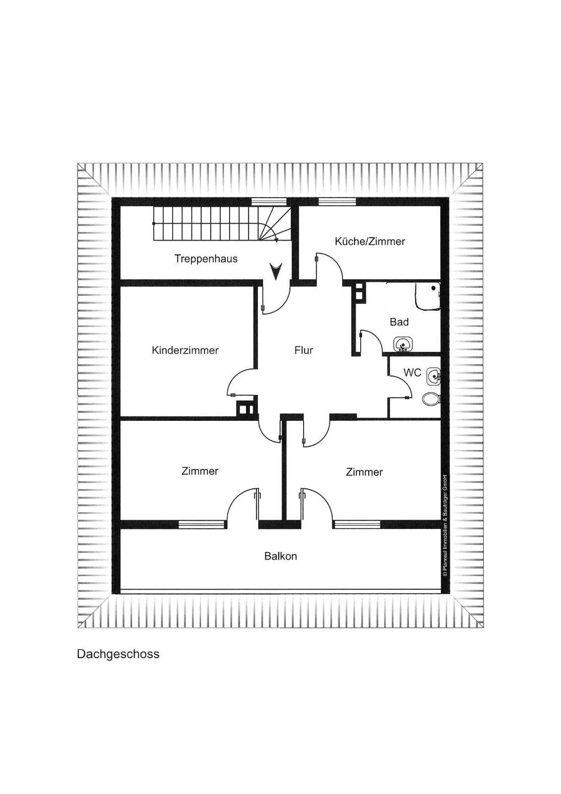 Grundriss des Dachgeschosses mit drei Zimmern, Bad, WC und Balkon unter der Dachschräge.