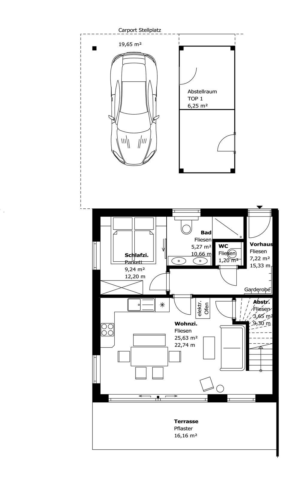 Grundriss des Erdgeschosses mit offenem Wohnbereich, Schlafzimmer, Bad, WC, Terrasse und Carport.