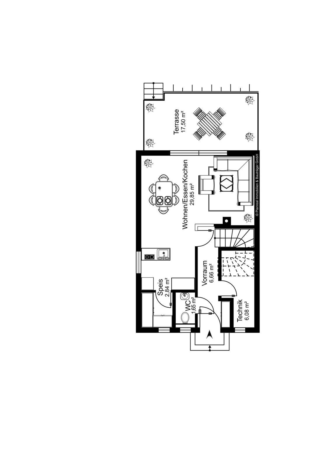 Grundriss des Erdgeschosses mit offenem Wohn-Essbereich, Küche und großer Terrasse.