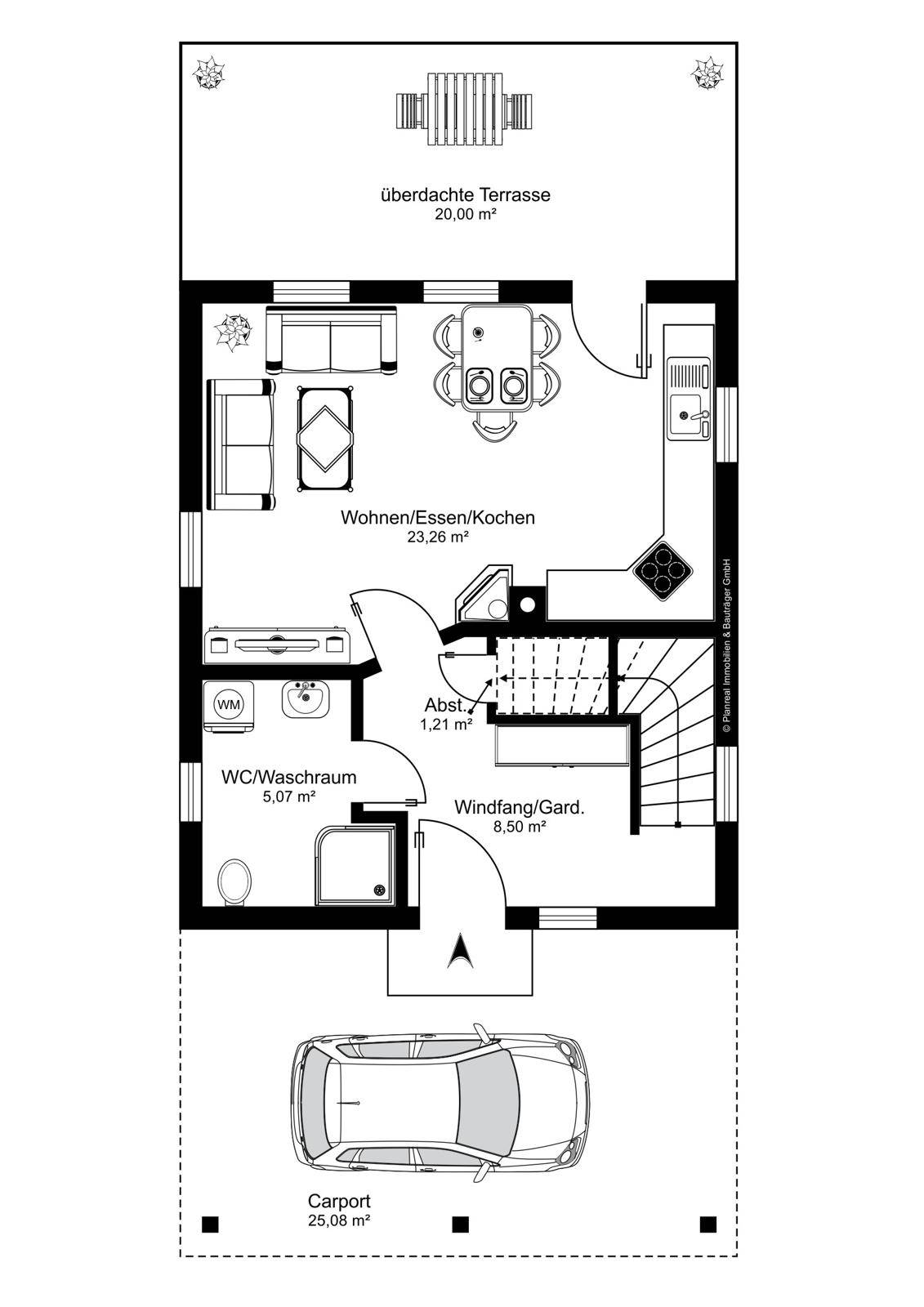 Grundriss des Erdgeschosses mit offenem Wohn-Ess-Kochbereich und überdachter Terrasse.