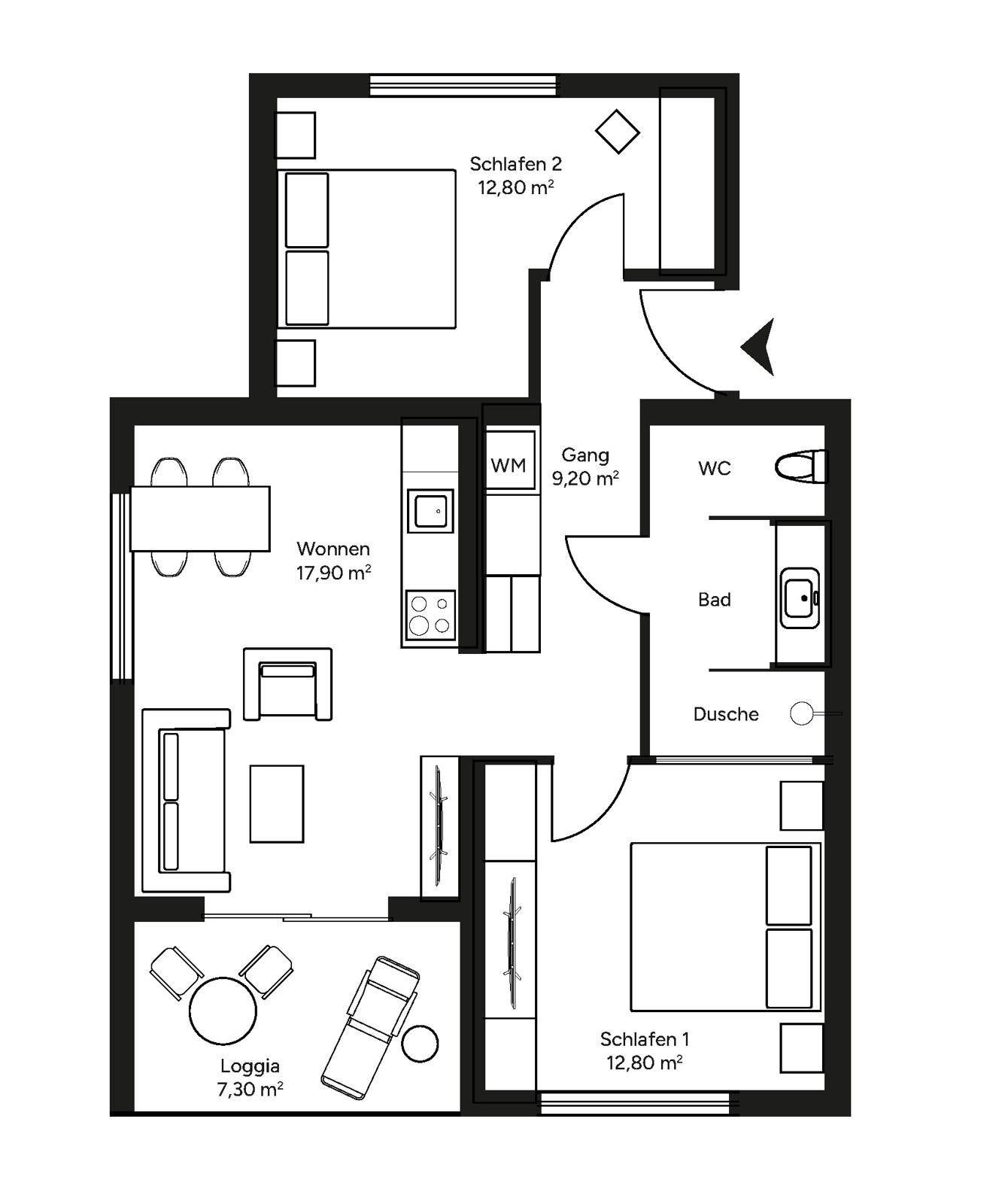 Grundriss einer Wohnung mit zwei Schlafzimmern, Loggia und separatem WC.