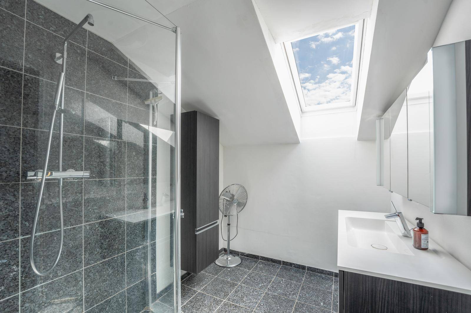 Modernes Badezimmer mit großer Dusche, Dachfenster und dunklen Fliesen, das viel Tageslicht bietet.