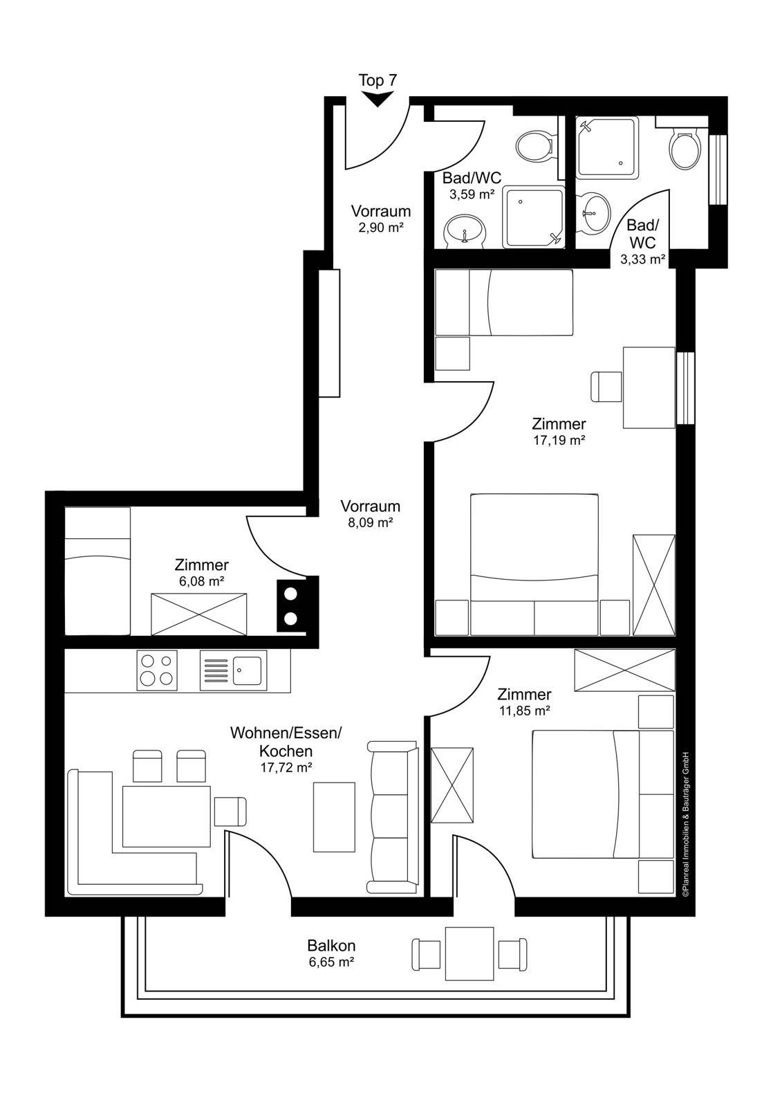 Grundriss der Wohnung Top 7 mit zwei Schlafzimmern, zwei Bädern und Balkon.