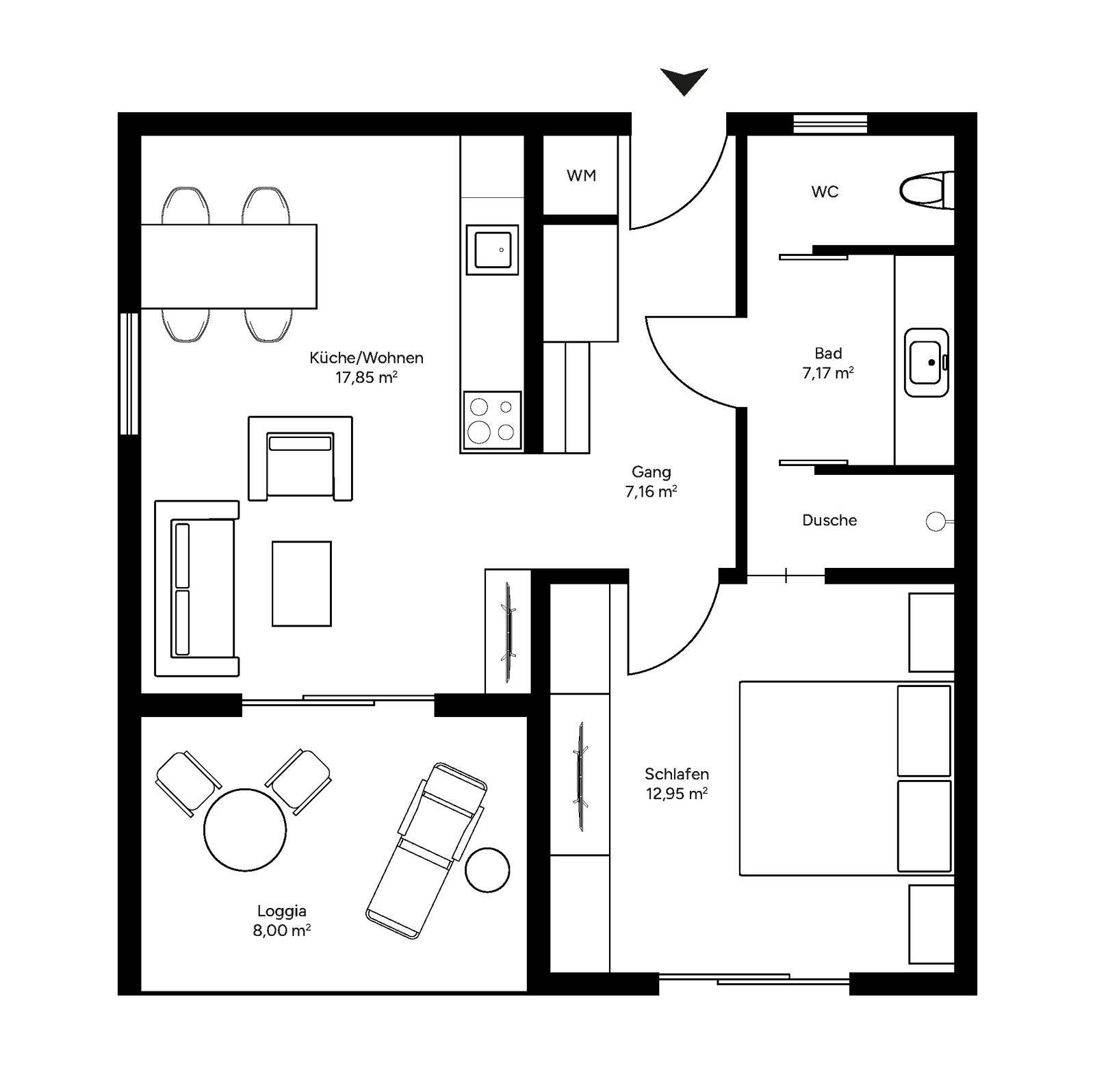 Grundriss einer Wohnung mit offener Küche, Wohnbereich, Schlafzimmer und Loggia.