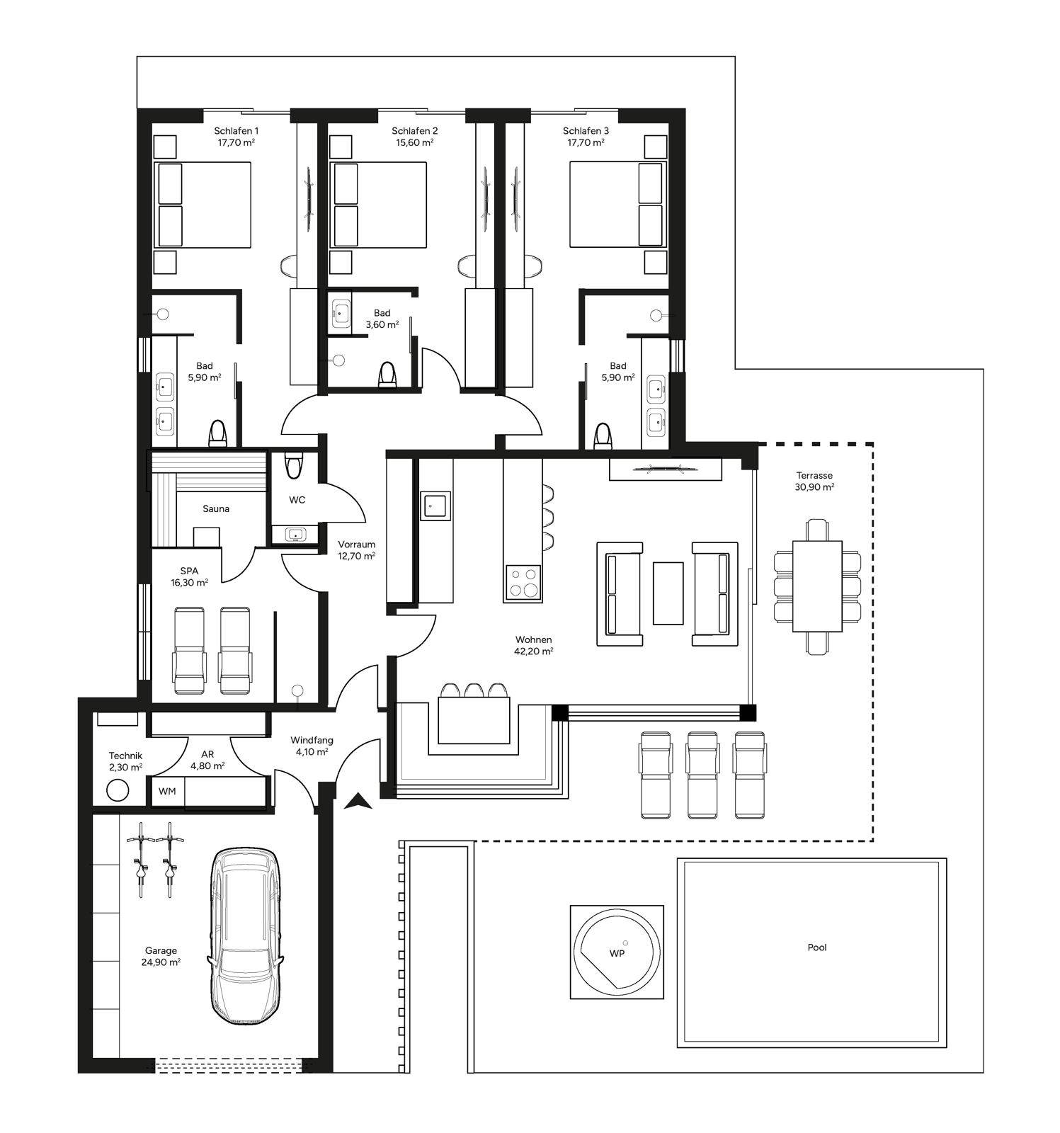 Grundriss eines Hauses mit drei Schlafzimmern, zwei Bädern, Sauna und Terrasse.