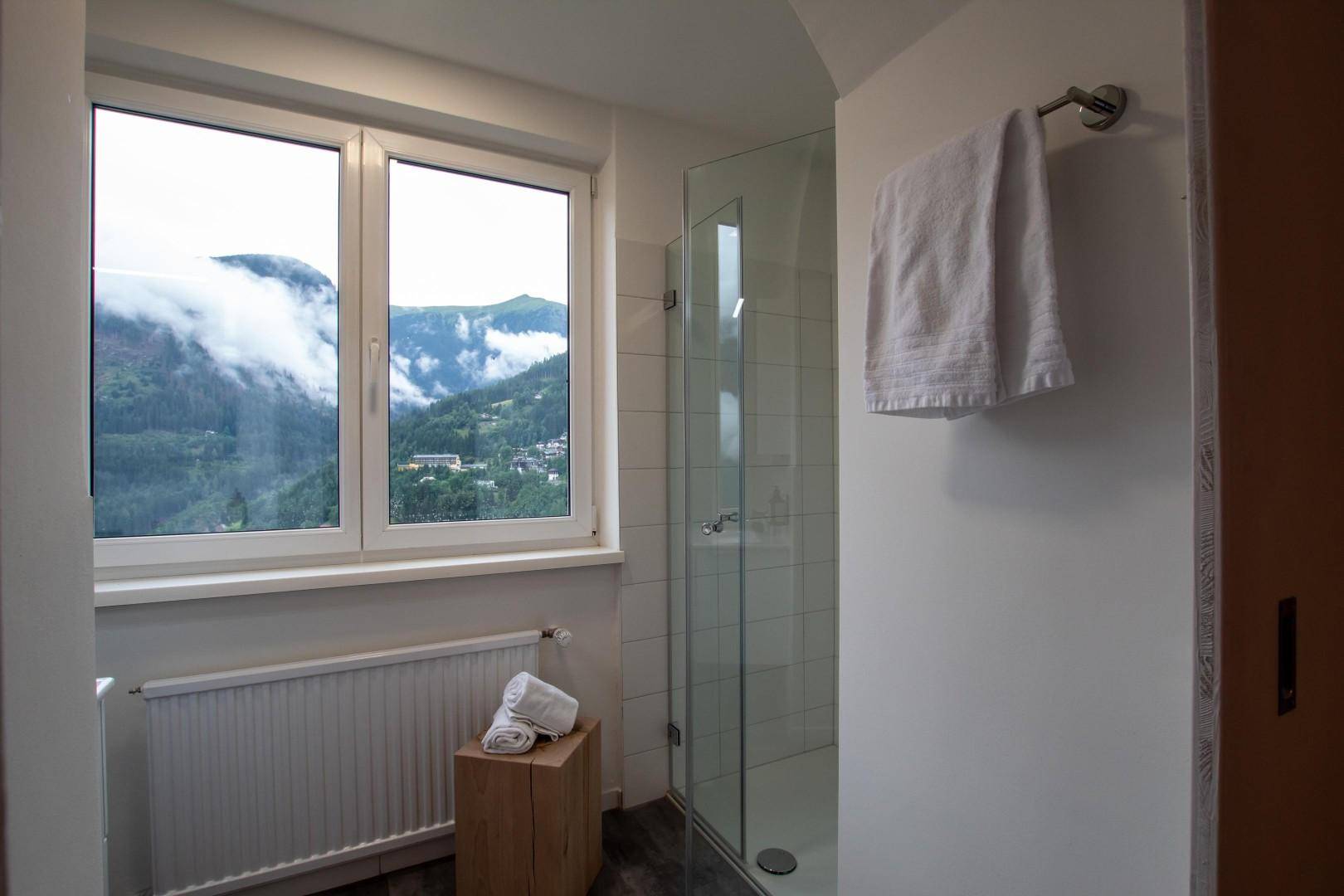 Badezimmer mit Dusche und Fenster, das einen beeindruckenden Bergblick bietet.