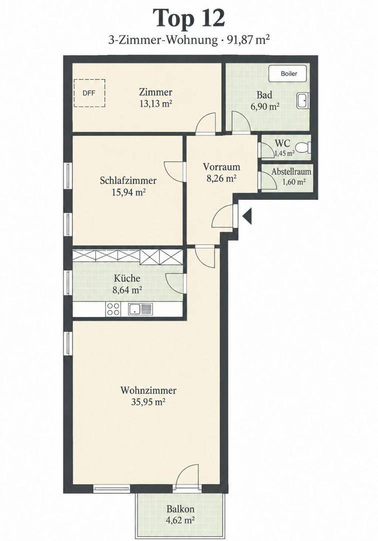 Grundriss einer 3-Zimmer-Wohnung mit separatem WC, Abstellraum und einem Balkon vom Wohnzimmer aus zugänglich.
