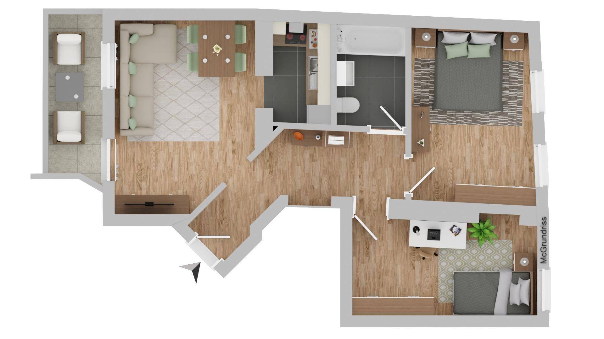 Detaillierter Grundriss einer Wohnung mit mehreren Zimmern und einem Balkon.