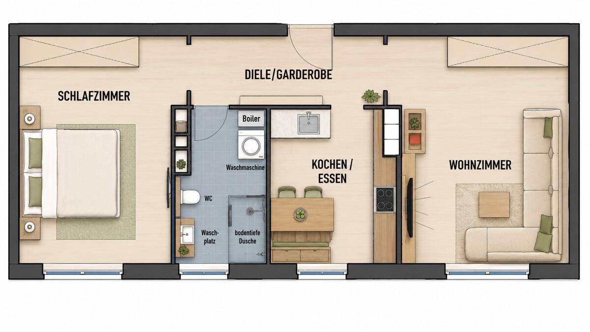 Detaillierter Grundriss der Wohnung mit Schlafzimmer, Wohnzimmer, Küche und Bad.