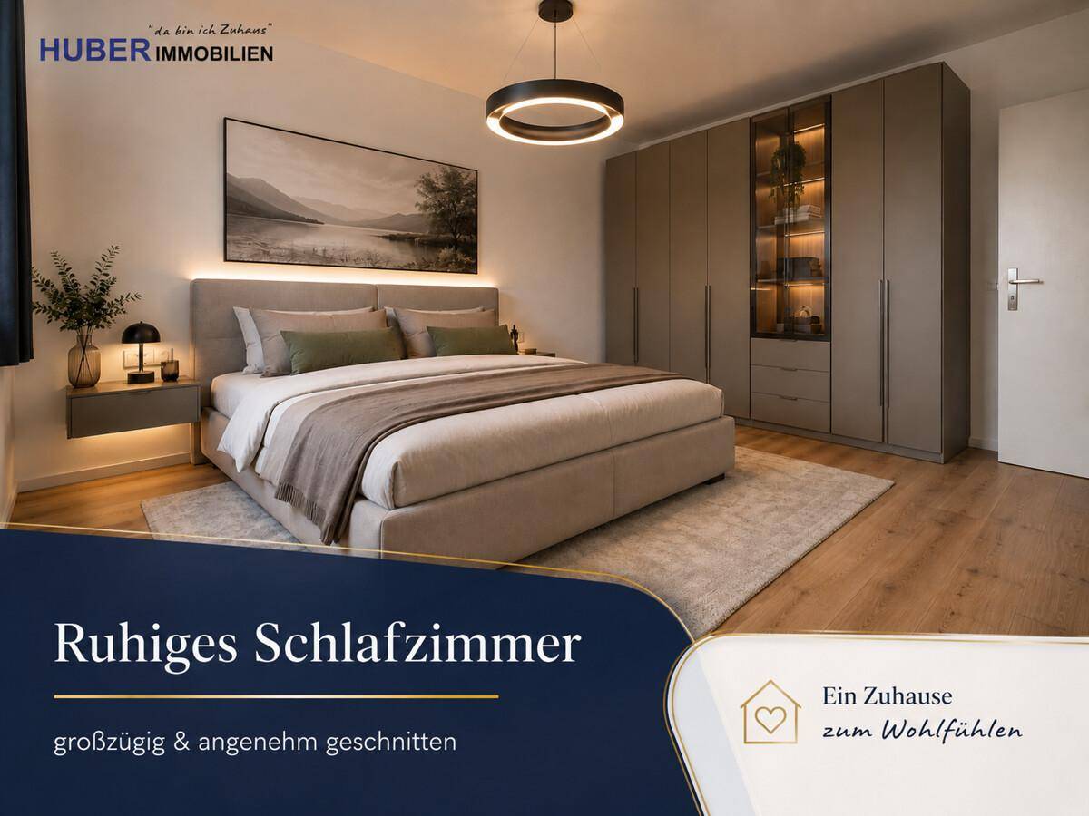 Ruhiges Schlafzimmer mit großem Bett, modernem Einbauschrank und indirekter Beleuchtung für eine gemütliche Atmosphäre.