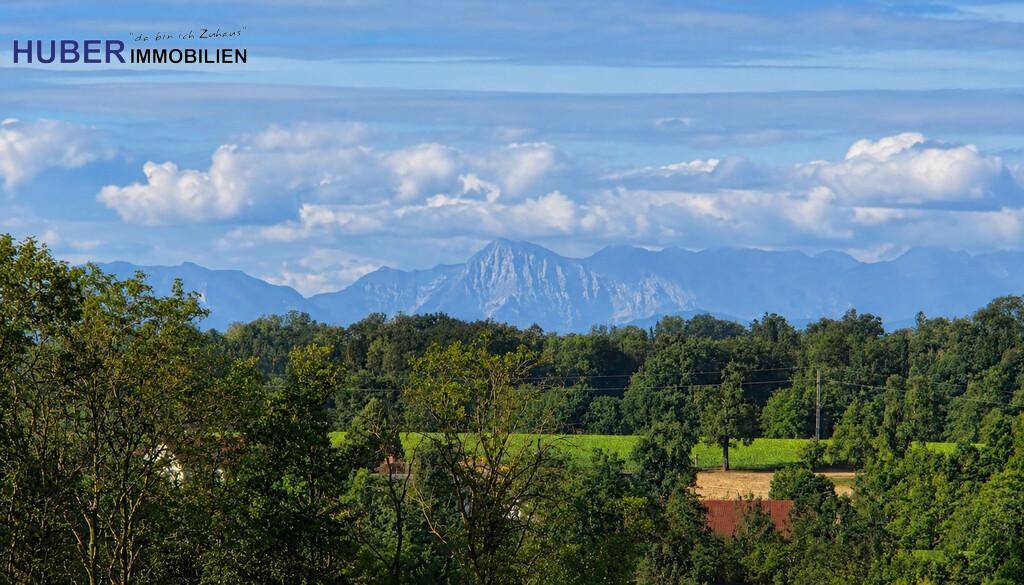 Weitblick über Baumwipfel auf eine beeindruckende Bergkette unter einem teilweise bewölkten Himmel.