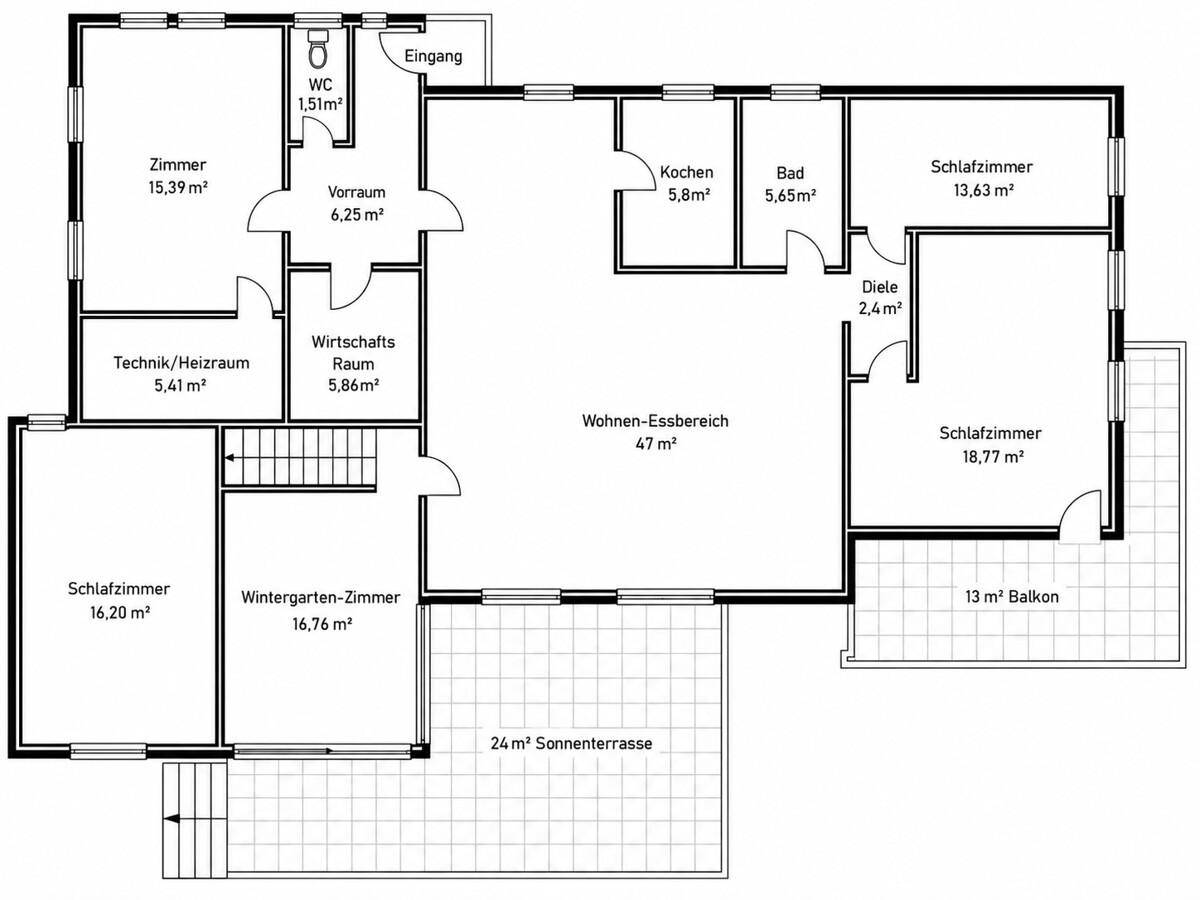 Grundriss des Erdgeschosses mit Wohn-Essbereich, Küche, Schlafzimmern und Terrasse.