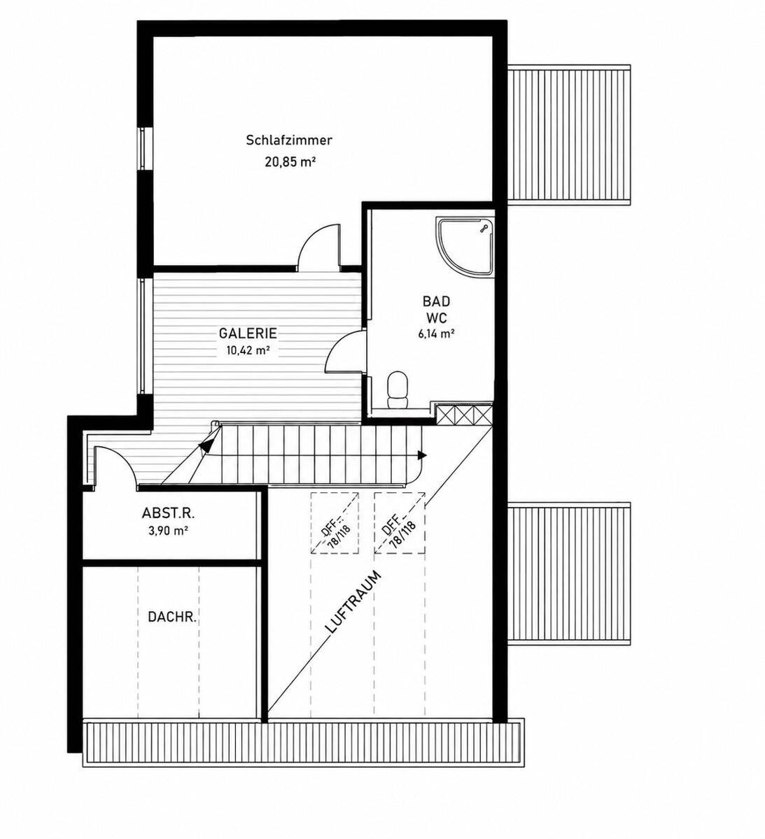 Grundriss des Obergeschosses mit Schlafzimmer, Bad, Galerie und Dachschrägen.