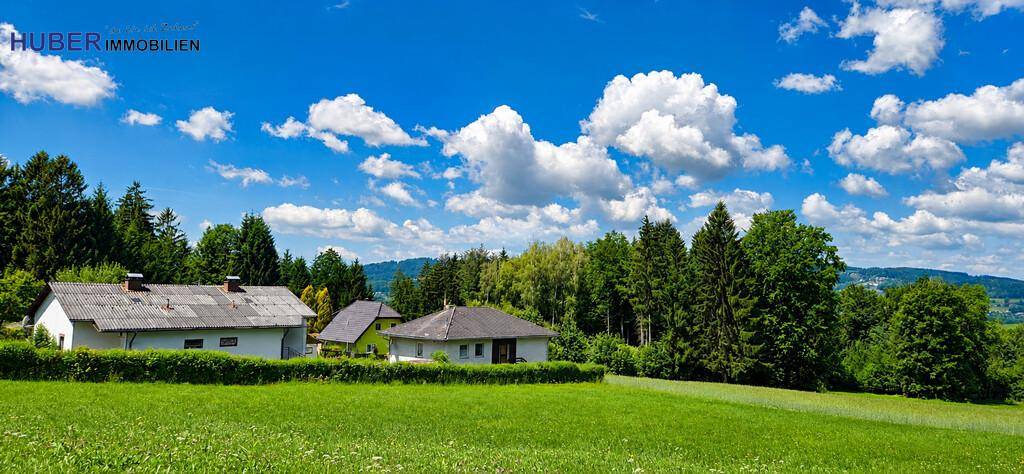 Weitläufige grüne Wiesen und Wälder umgeben zwei Häuser unter einem strahlend blauen Himmel.
