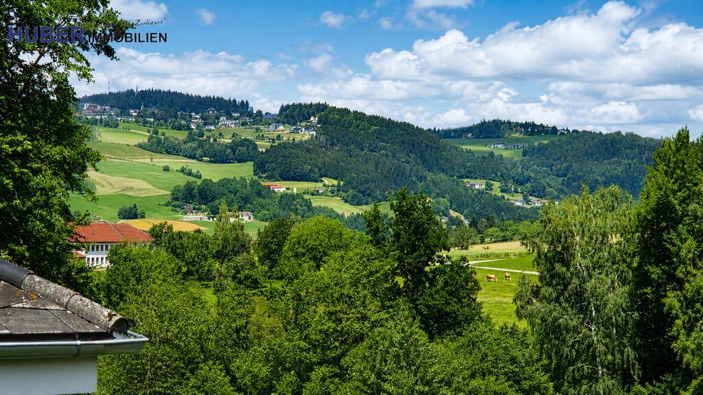 Panoramablick über eine hügelige Landschaft mit Häusern, Wäldern und grünen Wiesen.