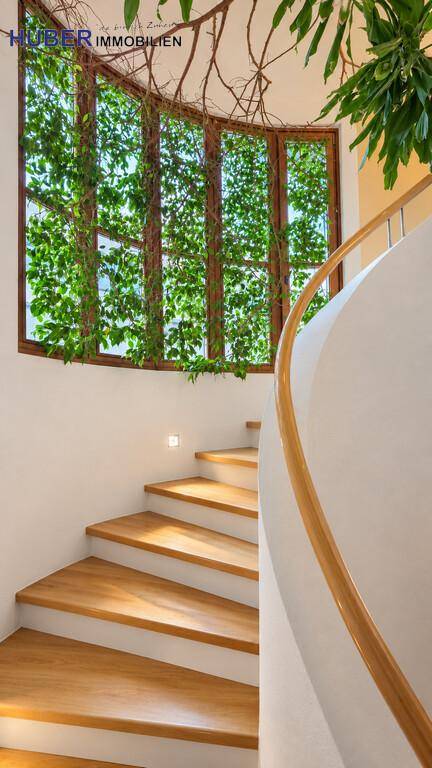 Wendeltreppe mit großem Fenster, das von Kletterpflanzen umrankt ist und eine grüne Aussicht bietet.