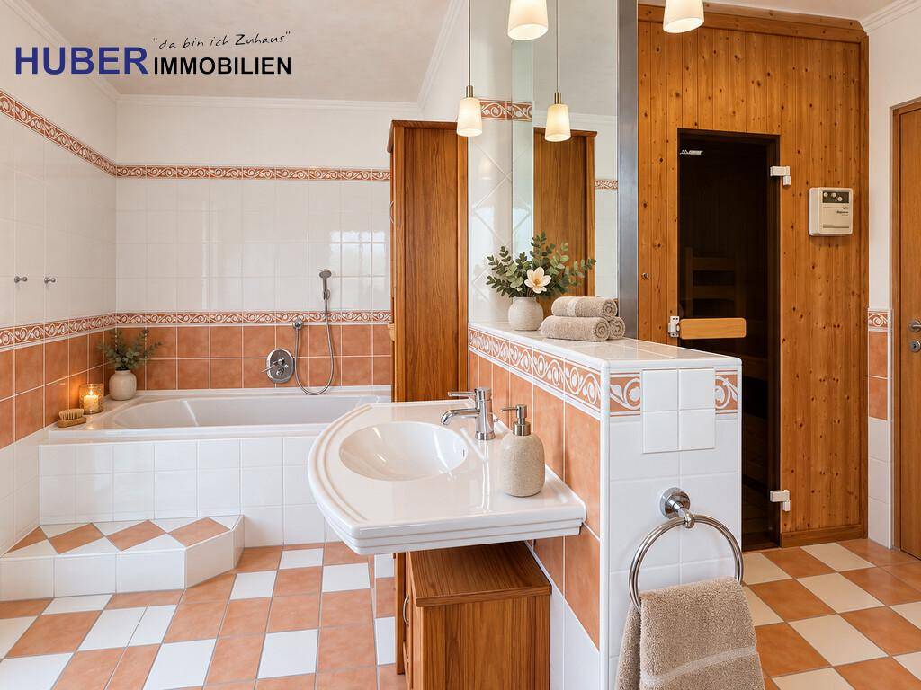 Geräumiges Badezimmer mit Badewanne, Waschbecken und integrierter Sauna für Wellness.