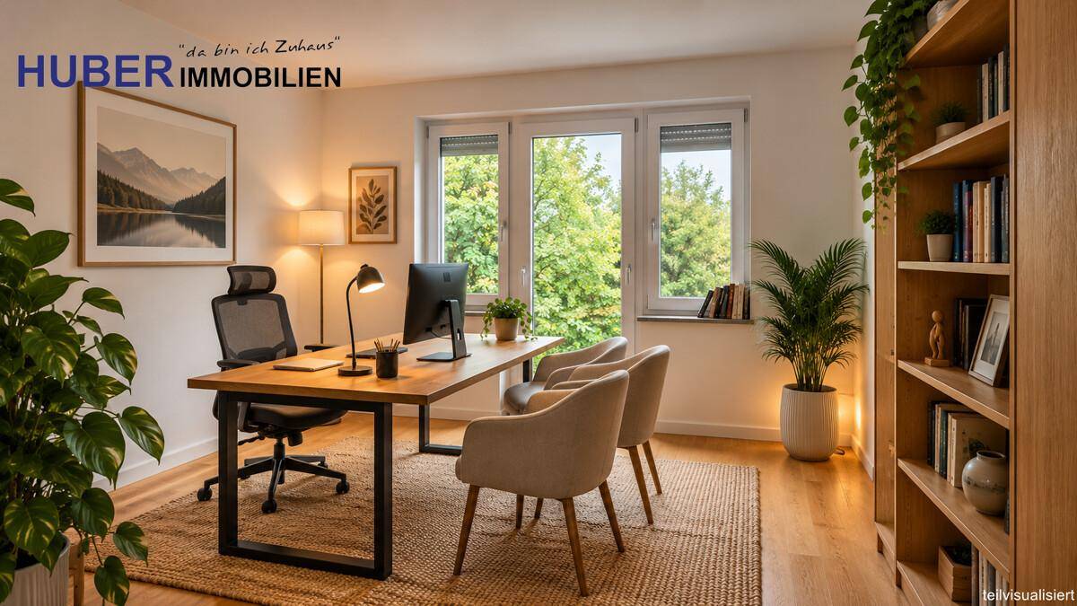 Geräumiges Heimbüro mit großem Schreibtisch, bequemen Stühlen und Blick ins Grüne.