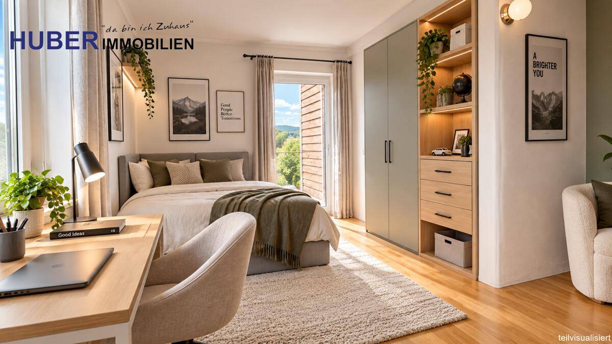 Helles Schlafzimmer mit Zugang zum Balkon, modernem Bett und integrierten Schränken.