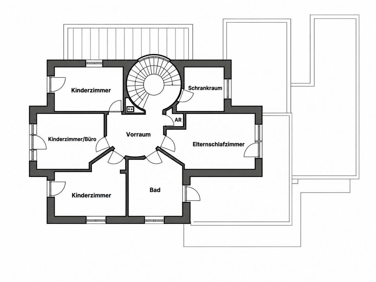 Grundriss des Obergeschosses mit Kinderzimmern, Elternschlafzimmer und Bad, inklusive Wendeltreppe.
