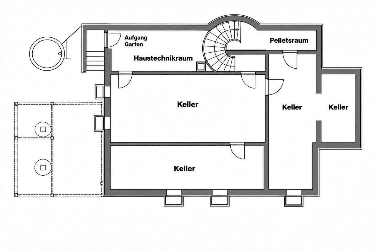 Grundriss des Kellergeschosses mit Technikraum, Pelletslager und mehreren Kellerräumen.