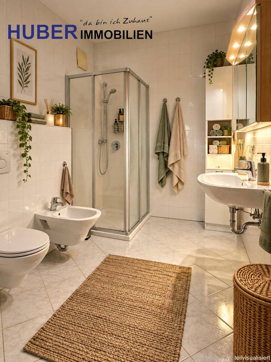 Modernes Badezimmer mit Dusche, WC, Bidet und Waschbecken, ausgestattet mit weißen Fliesen.