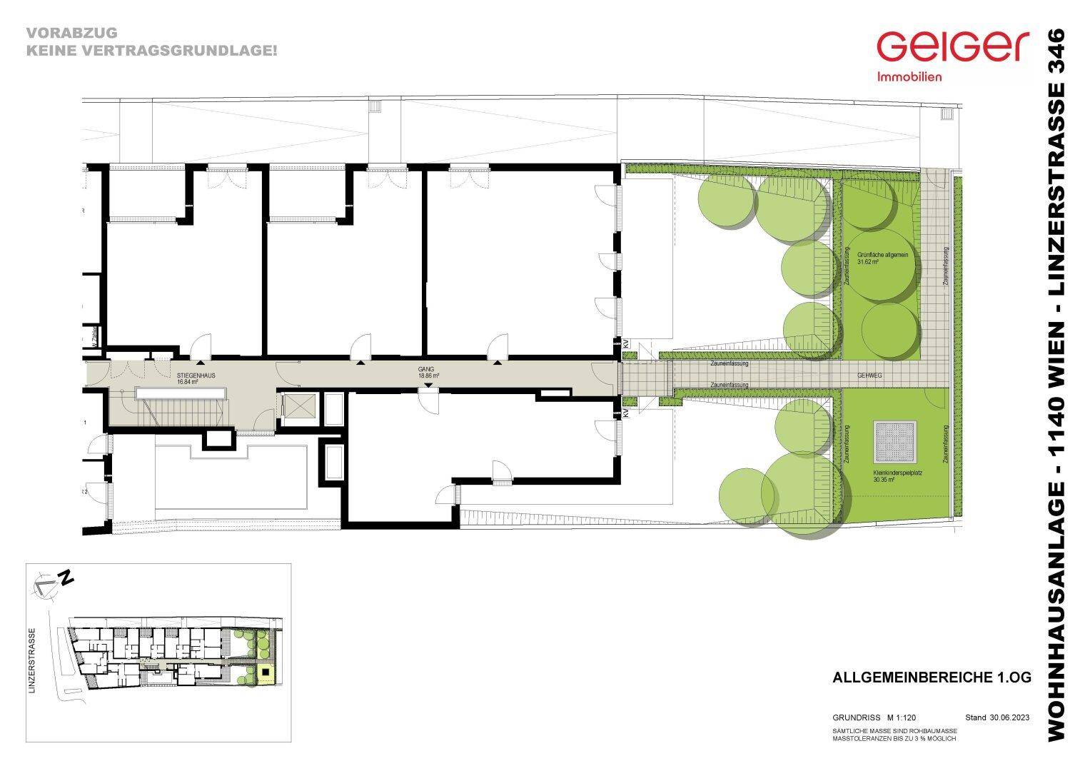 Grundriss des Erdgeschosses mit Gartenbereichen und Zugang zu den Wohnungen.