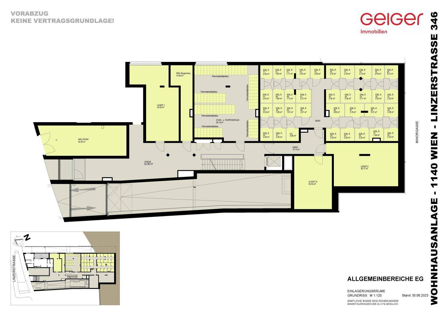 Grundriss des Erdgeschosses mit Einlagerungsräumen und allgemeinen Bereichen.