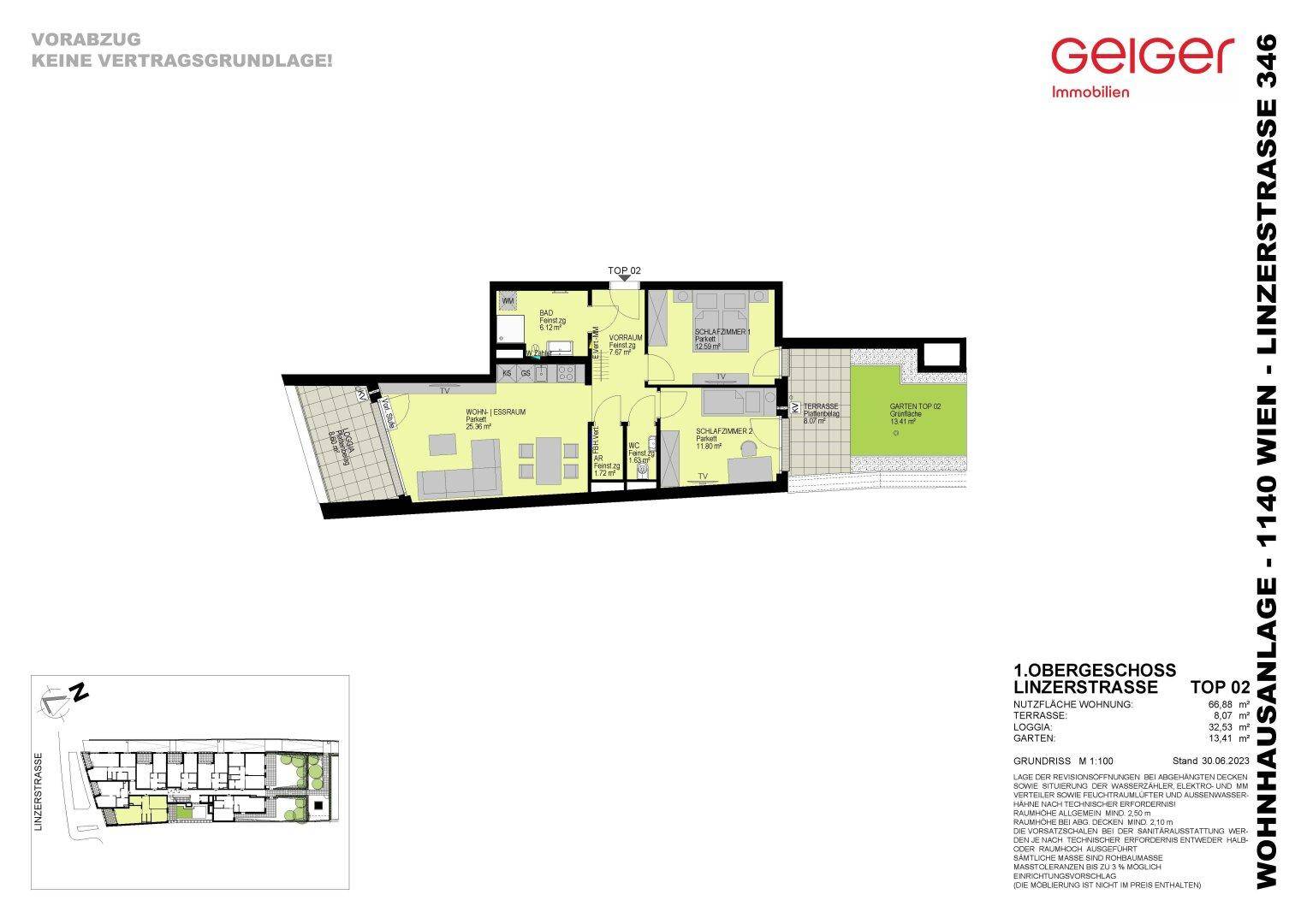 Grundriss einer Wohnung mit offenem Wohnbereich, zwei Schlafzimmern, Terrasse und Garten.