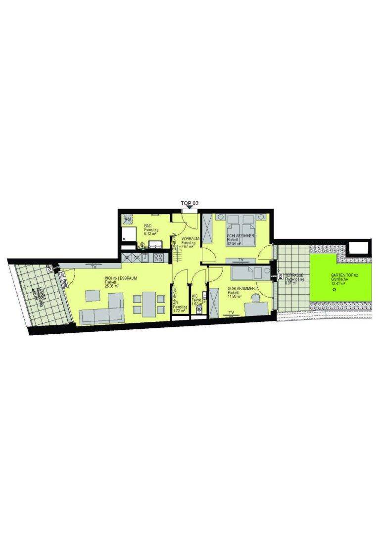 Detaillierter Grundriss einer modernen Wohnung mit Wohn-Essbereich, Schlafzimmern und Außenbereichen.