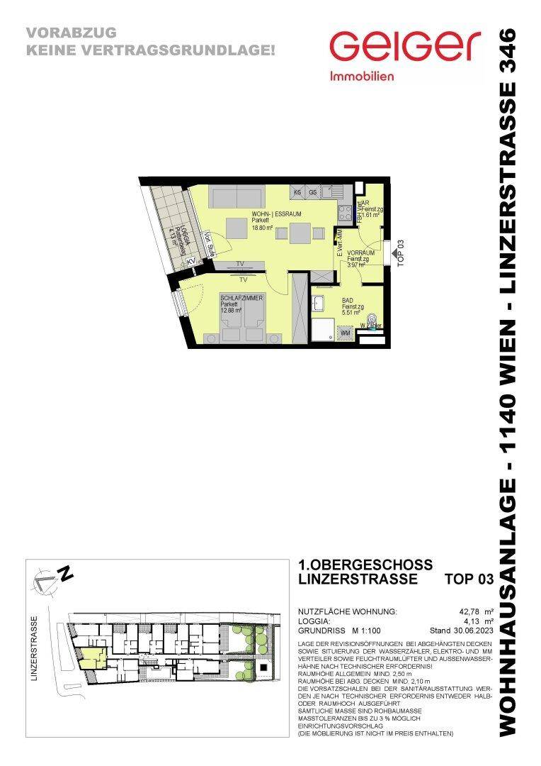 Grundriss einer kompakten Wohnung mit Wohn-Essbereich, Schlafzimmer, Bad und Loggia auf 42.78 m².