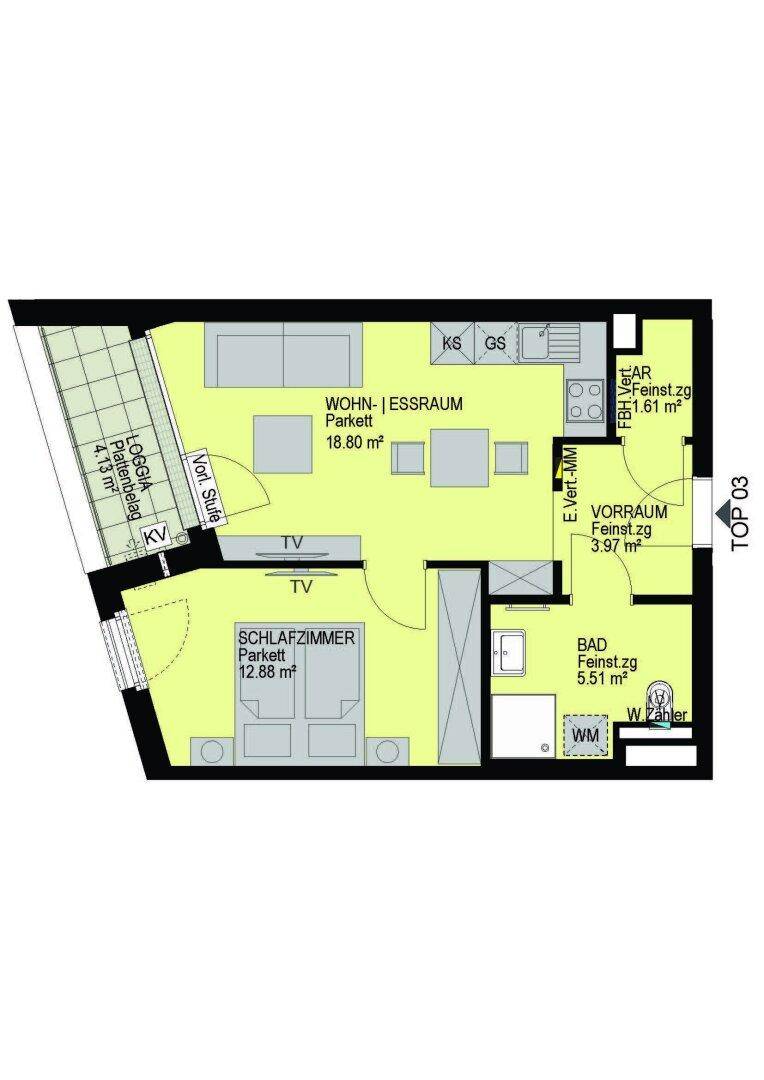 Detaillierter Grundriss einer kompakten Wohnung mit Wohn-Essbereich, Schlafzimmer und Loggia.
