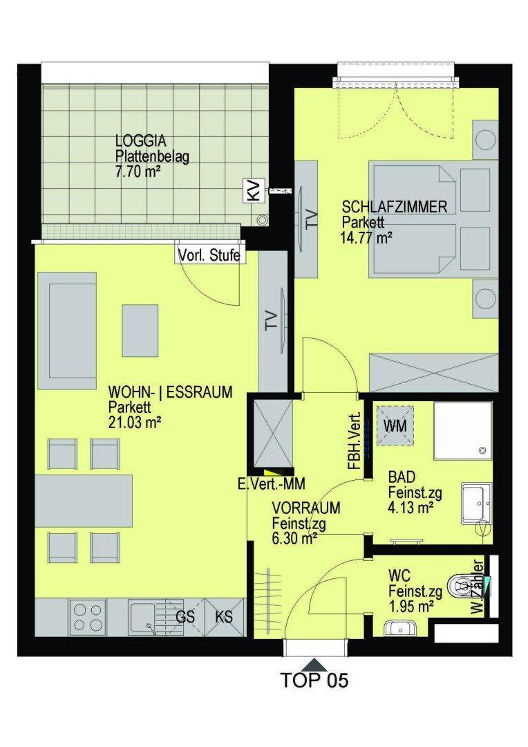 Detaillierter Grundriss der Wohnung Top 05 mit Loggia, offenem Wohn-Essraum und Schlafzimmer.