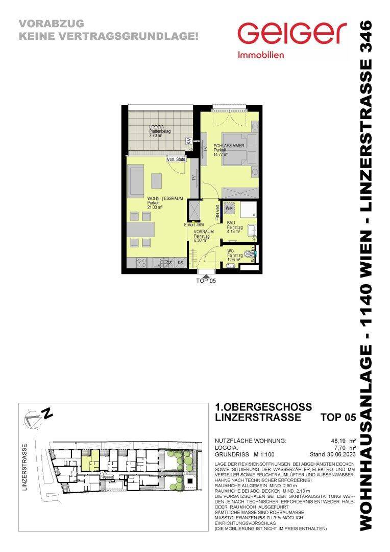Übersichtsplan der Wohnung Top 05 mit Grundriss, Lageplan und Detailinformationen zur Ausstattung.
