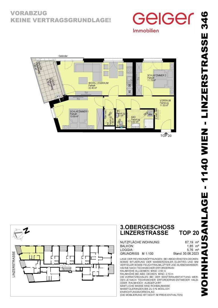 Detaillierter Grundriss einer Wohnung im 3. Obergeschoss mit Balkon und Loggia.
