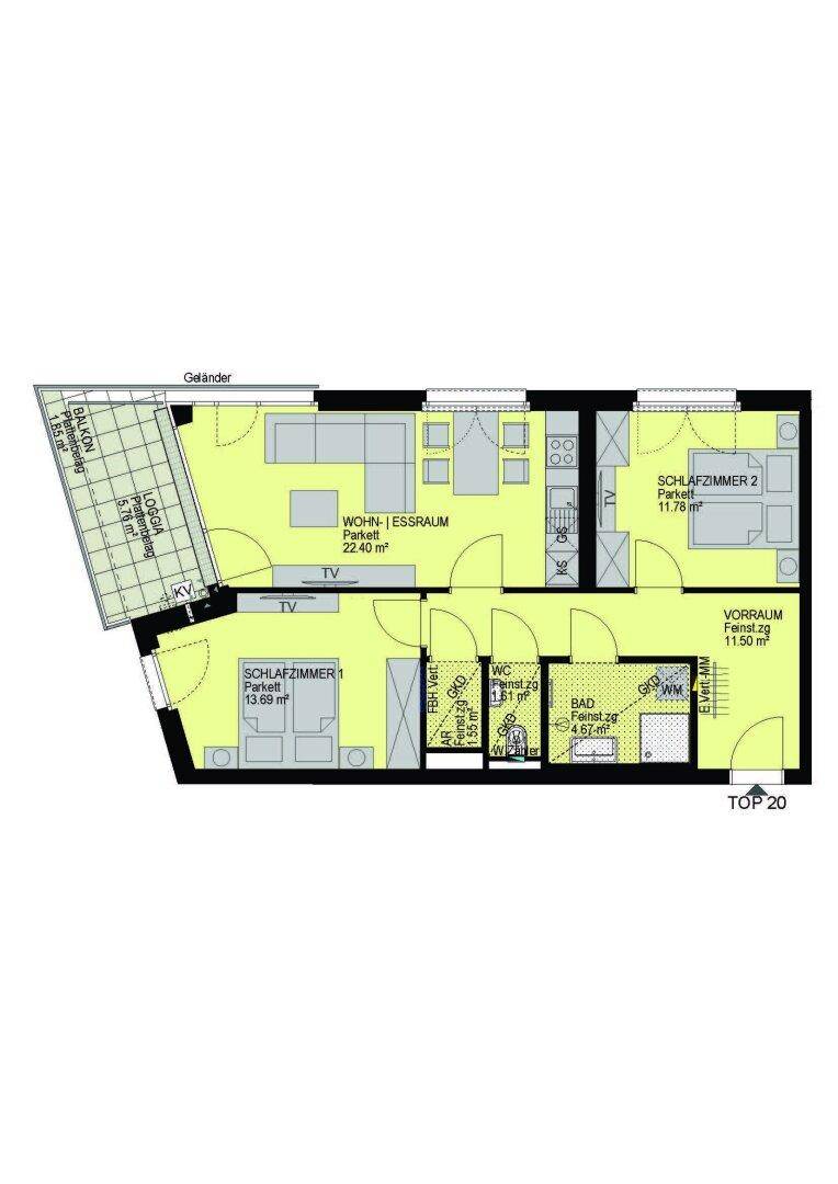 Übersichtlicher Grundriss einer Wohnung mit zwei Schlafzimmern, Wohn-Essbereich und Außenbereichen.