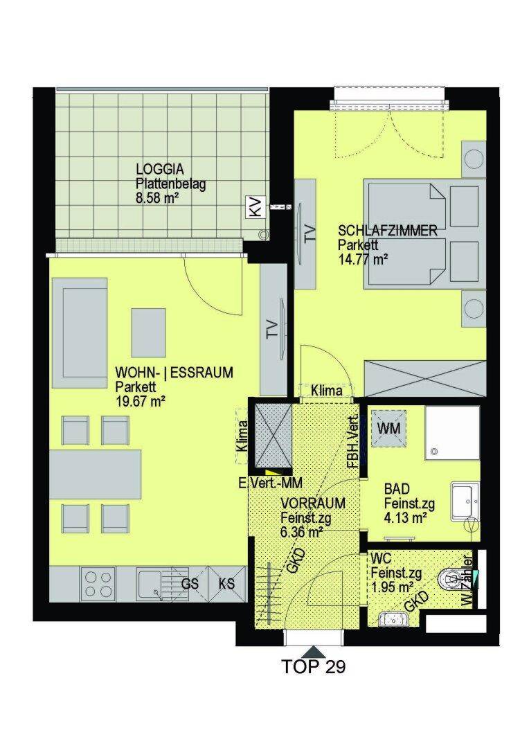 Detaillierter Grundriss einer Wohnung mit Wohn-Essbereich, Schlafzimmer, Bad und Loggia.
