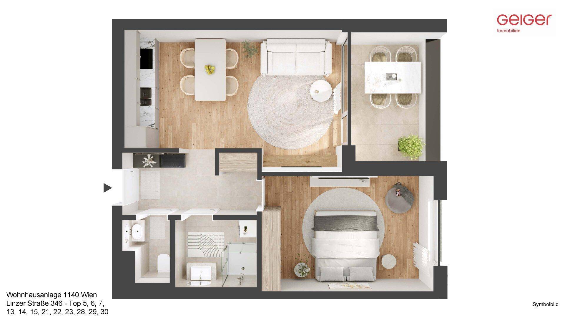 Visualisierter Grundriss einer modernen Wohnung mit möbliertem Wohn-Essbereich und Schlafzimmer.