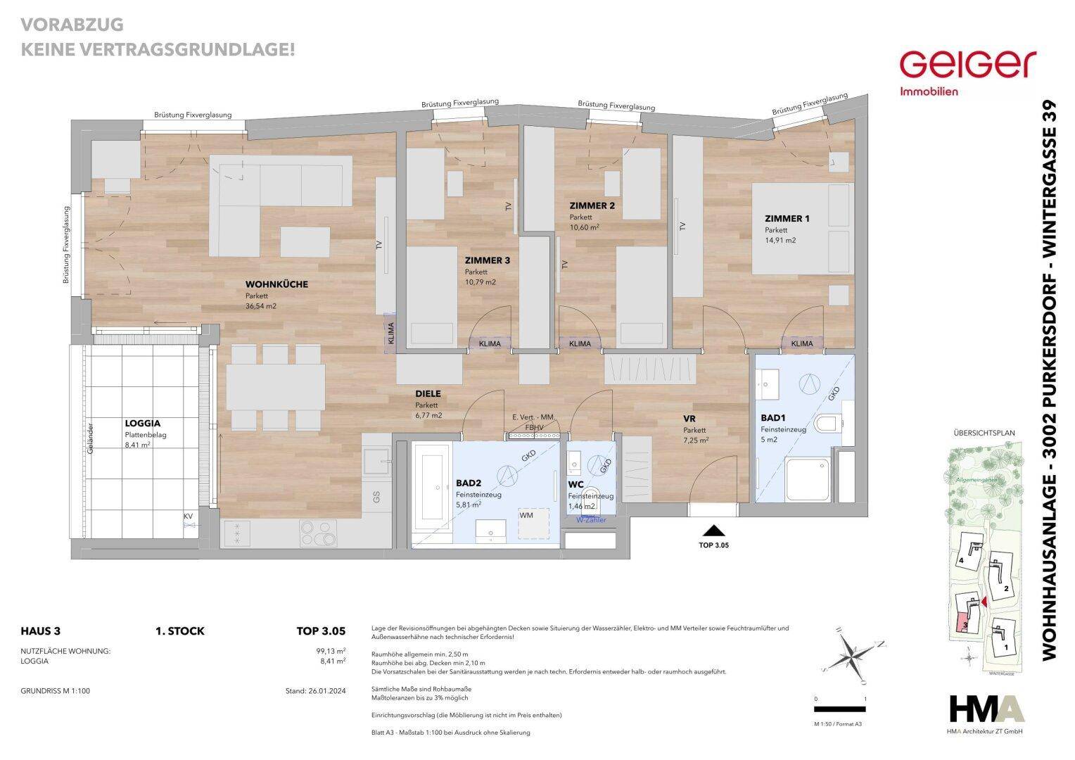 Detaillierter Grundriss einer Wohnung mit Wohnküche, drei Zimmern, zwei Bädern und Loggia.