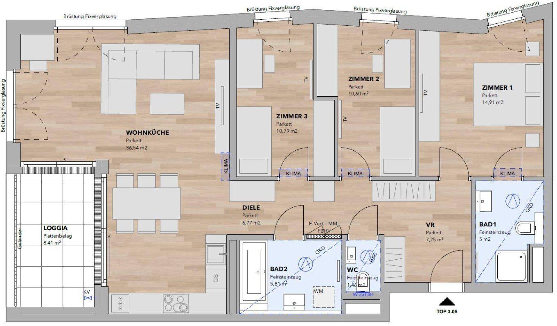 Übersichtlich gestalteter Grundriss einer Wohnung mit möblierter Wohnküche, drei Schlafzimmern und Loggia.